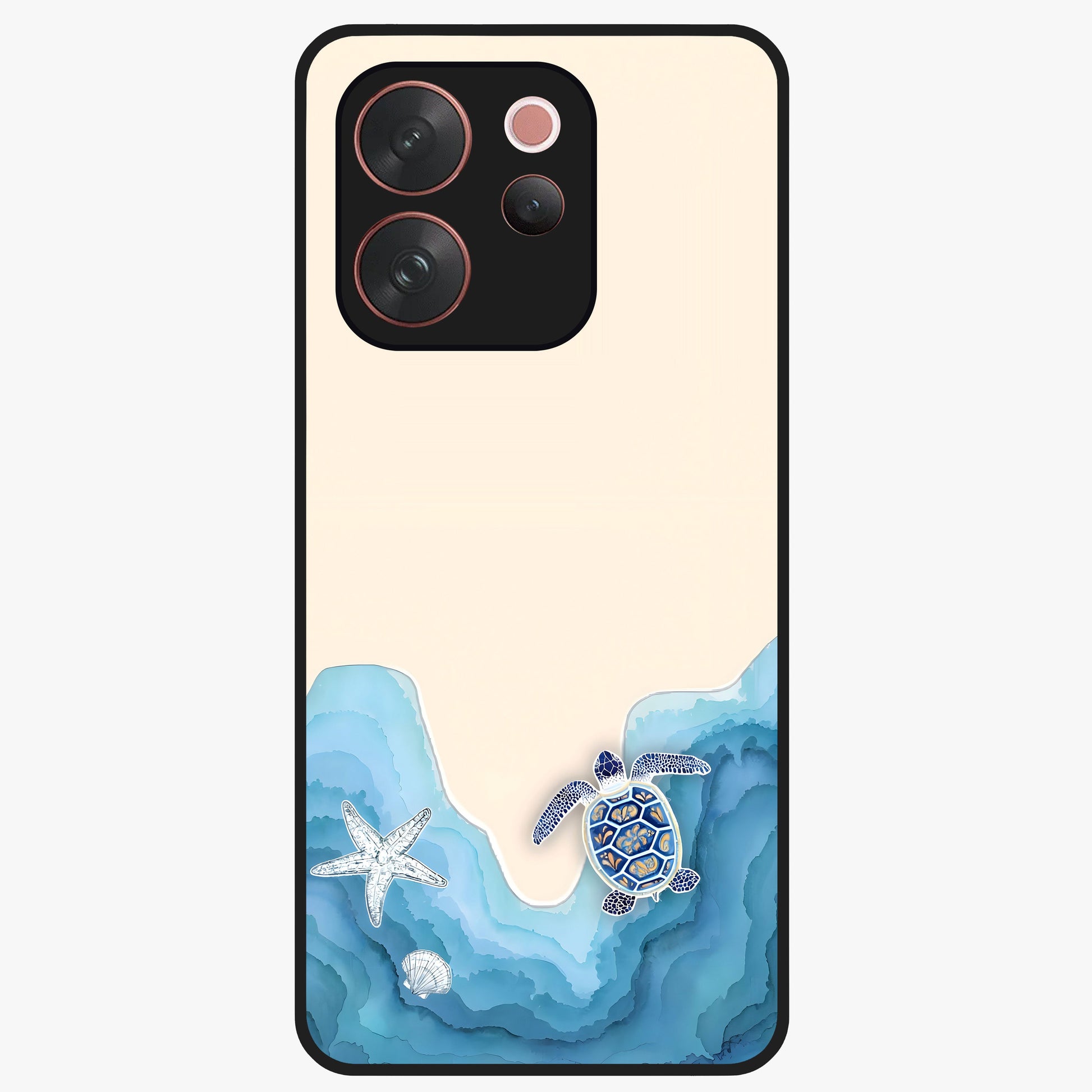 Ocean Drift Turtle Glass Case showing flat back view with sea turtle artwork and glossy glass finish.