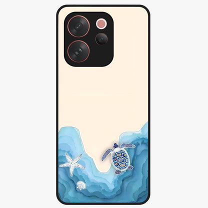Ocean Drift Turtle Glass Case showing flat back view with sea turtle artwork and glossy glass finish.