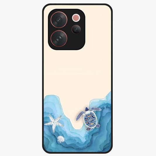 Ocean Drift Turtle Glass Case showing flat back view with sea turtle artwork and glossy glass finish.