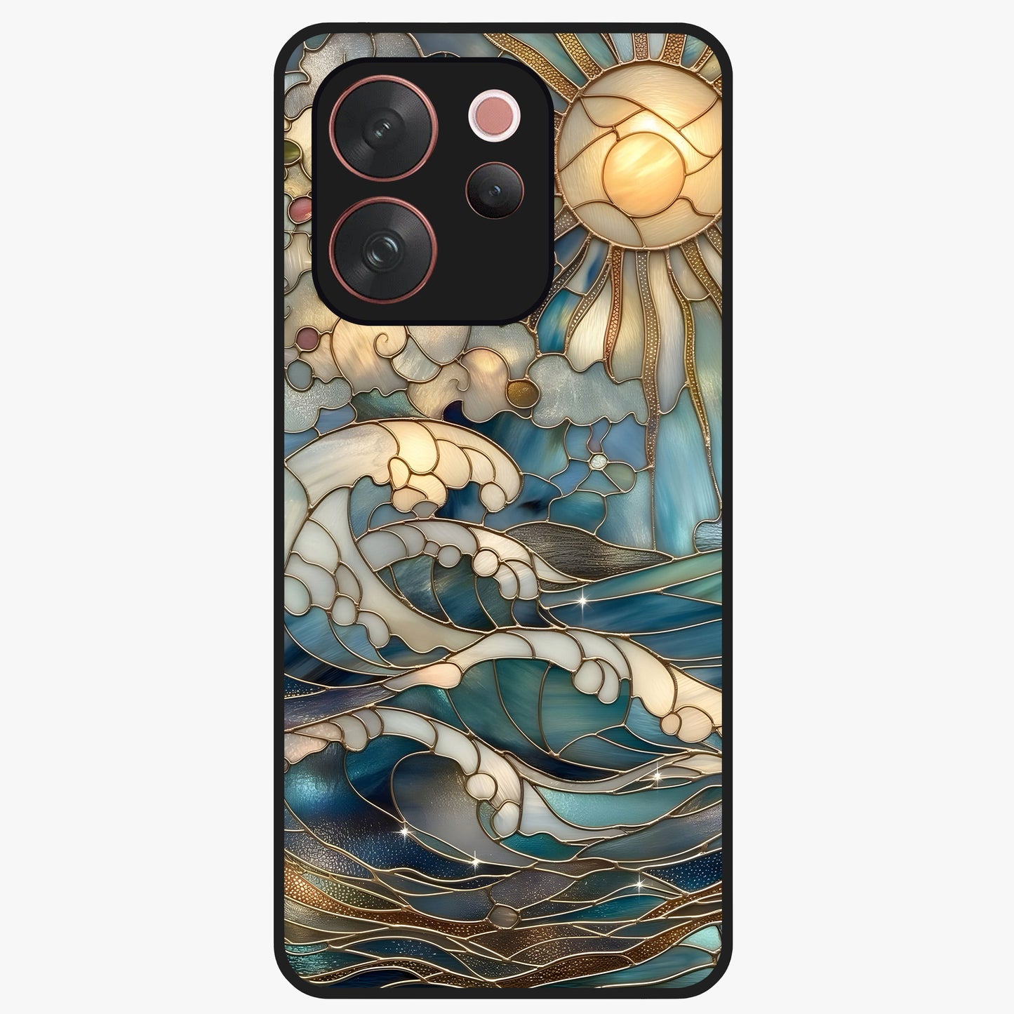 Oceanic Stained Printed Glass Case showing flat back view with ocean inspired stained pattern artwork and glossy glass finish.