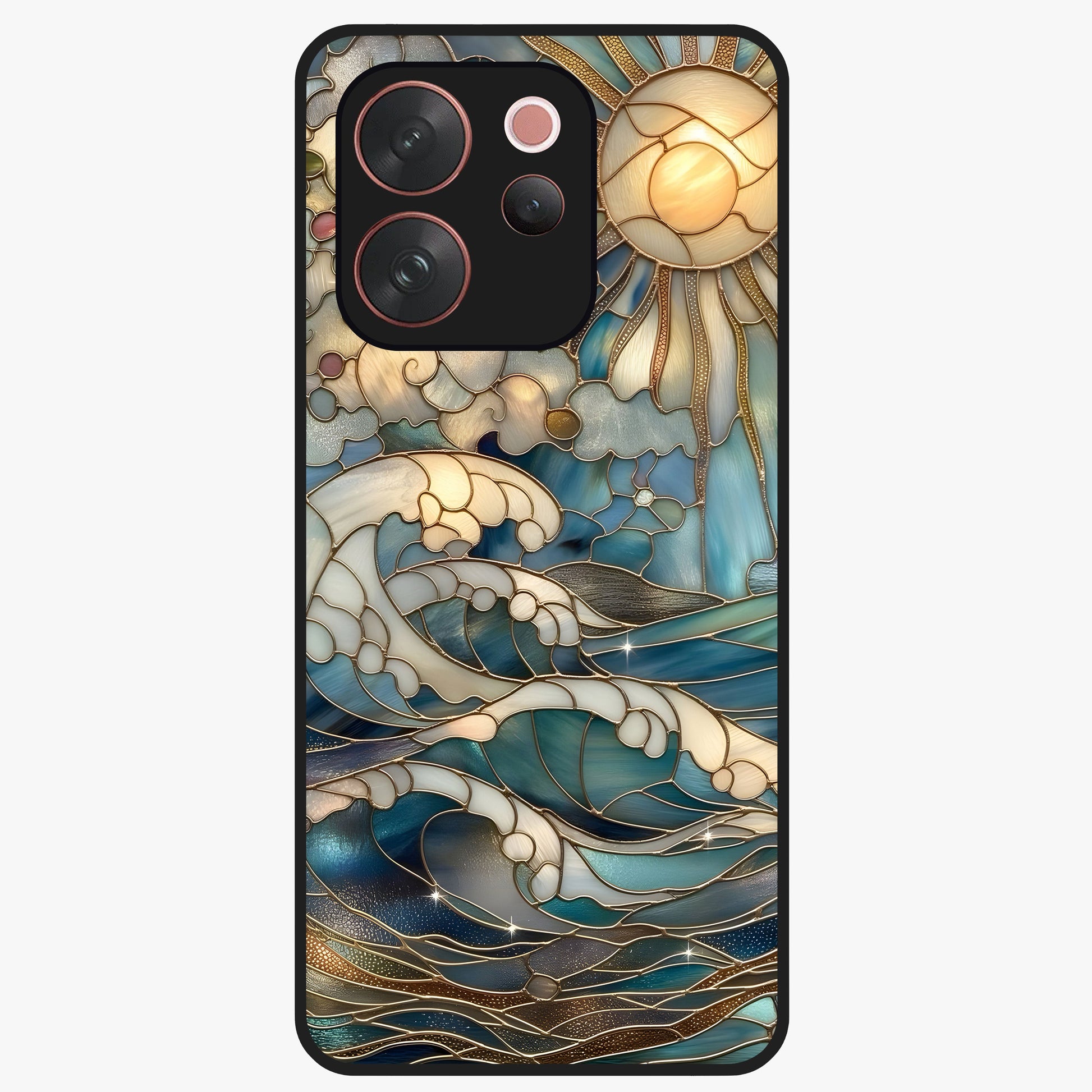 Oceanic Stained Printed Glass Case showing flat back view with ocean inspired stained pattern artwork and glossy glass finish.