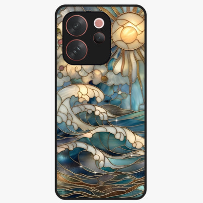 Oceanic Stained Printed Glass Case showing flat back view with ocean inspired stained pattern artwork and glossy glass finish.