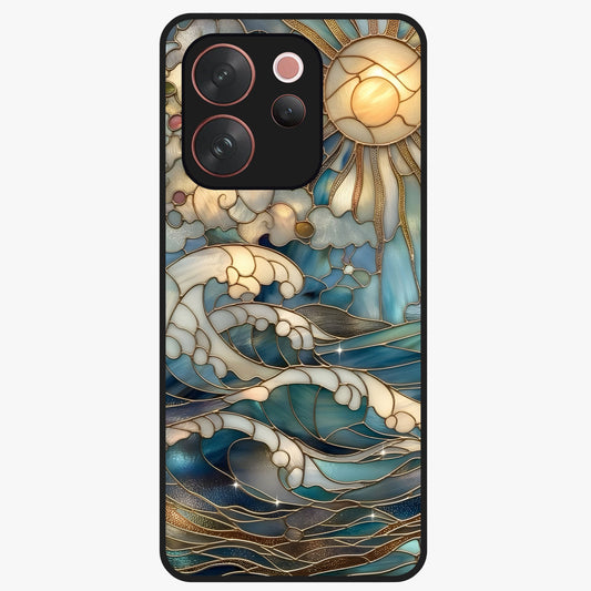 Oceanic Stained Printed Glass Case showing flat back view with ocean inspired stained pattern artwork and glossy glass finish.