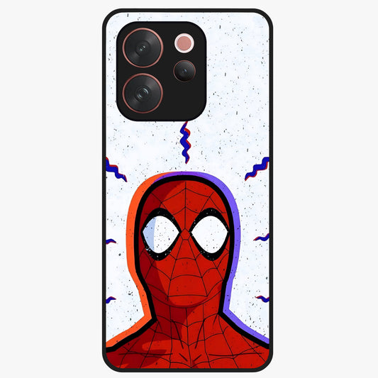 Omg Spiderman Glass Case showing flat back view with bold superhero inspired artwork and glossy glass finish.