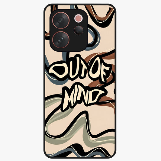 Out Of Mind Glass Case showing flat back view with expressive typography artwork and glossy glass finish.