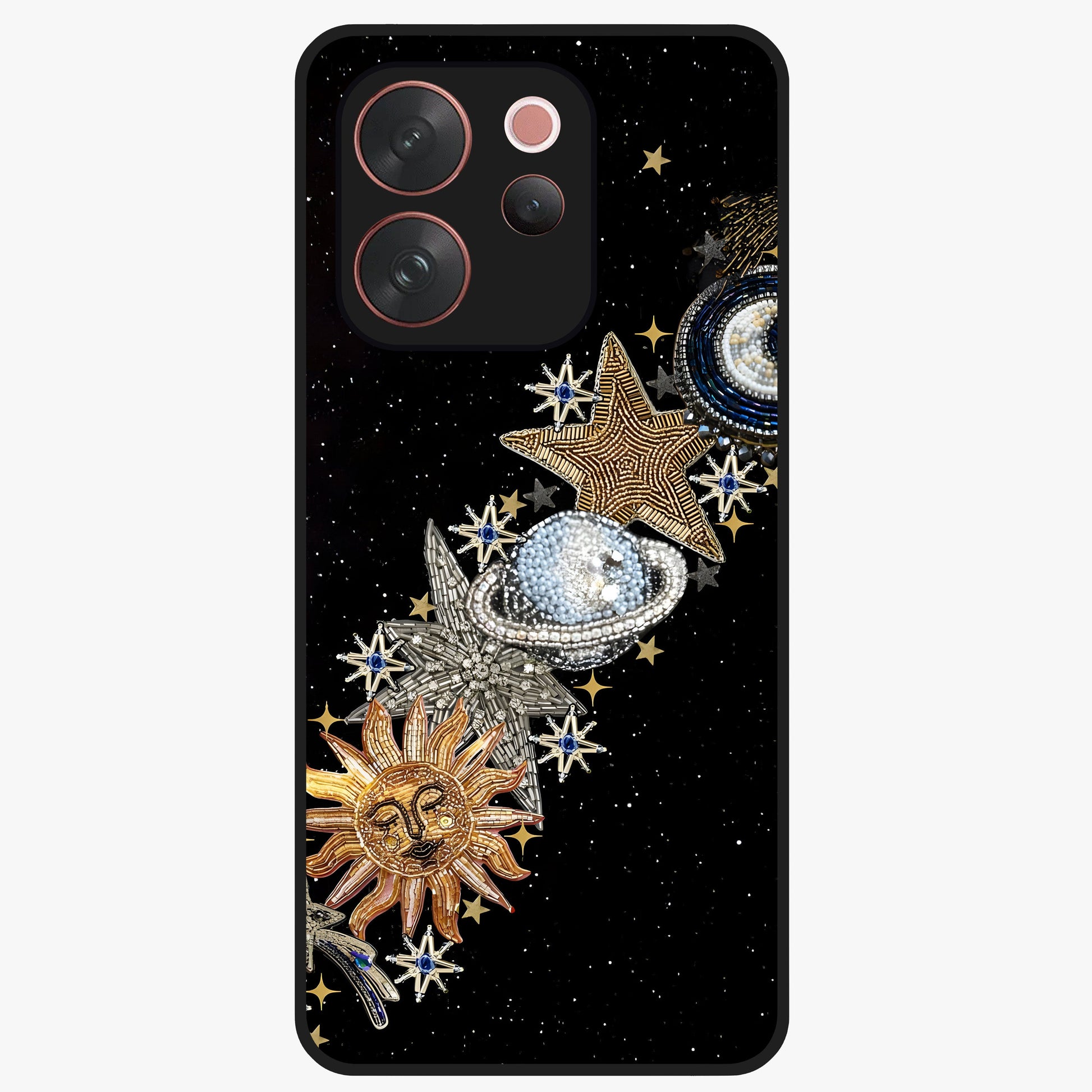 Pearls Universe Object Glass Case showing flat back view with pearl inspired cosmic artwork and glossy glass finish.