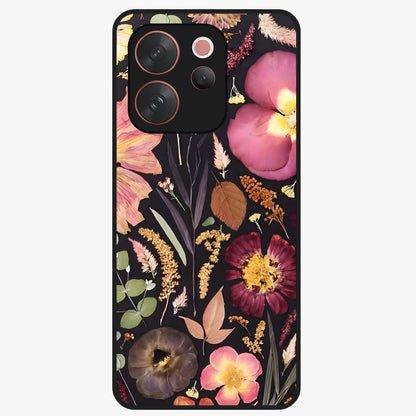 Petal Dream Tapestry Glass Case showing flat back view with intricate floral tapestry artwork and glossy glass finish.