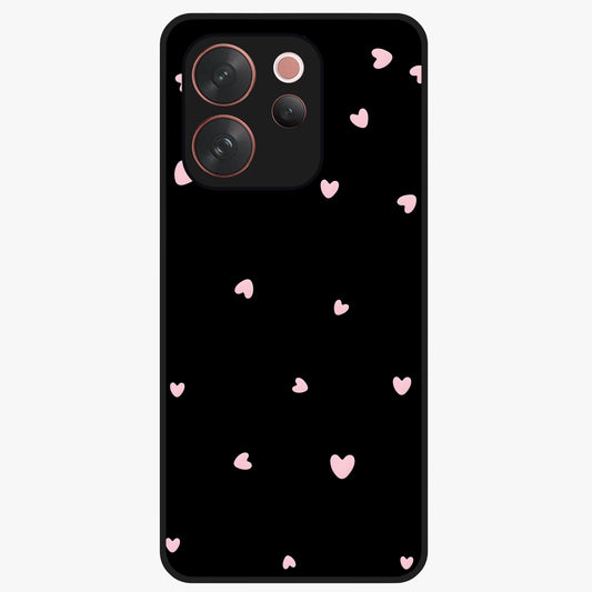 Pink Love Drops Glass Case showing flat back view with playful pink heart drops artwork and glossy glass finish.