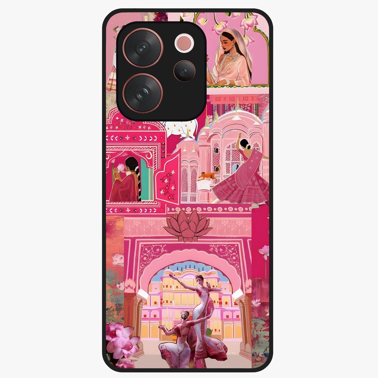 Pink Palace Muse Glass Case showing flat back view with elegant palace inspired artwork and glossy glass finish.