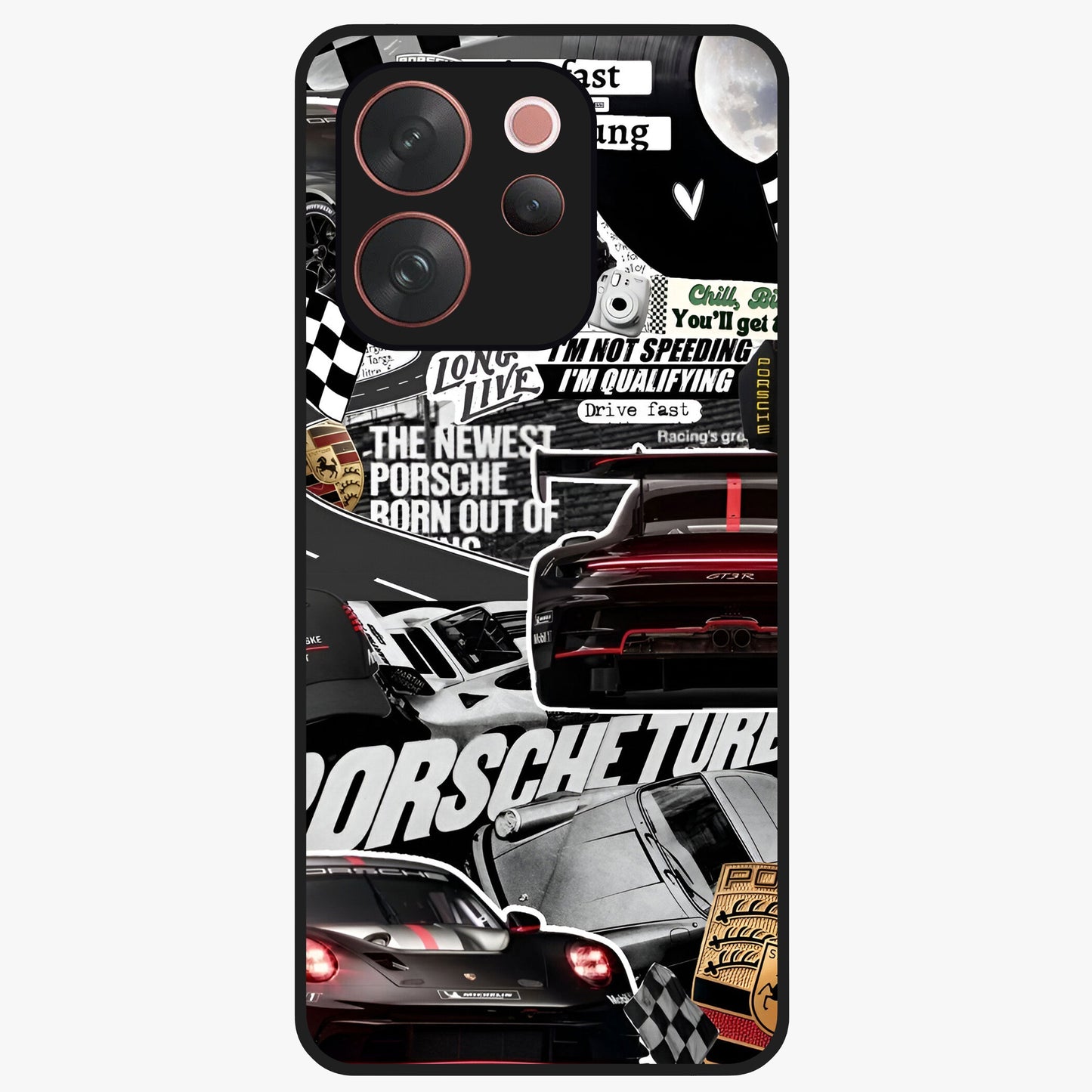 Porsche Racing Collage Glass Case showing flat back view with sports car racing collage artwork and glossy glass finish.