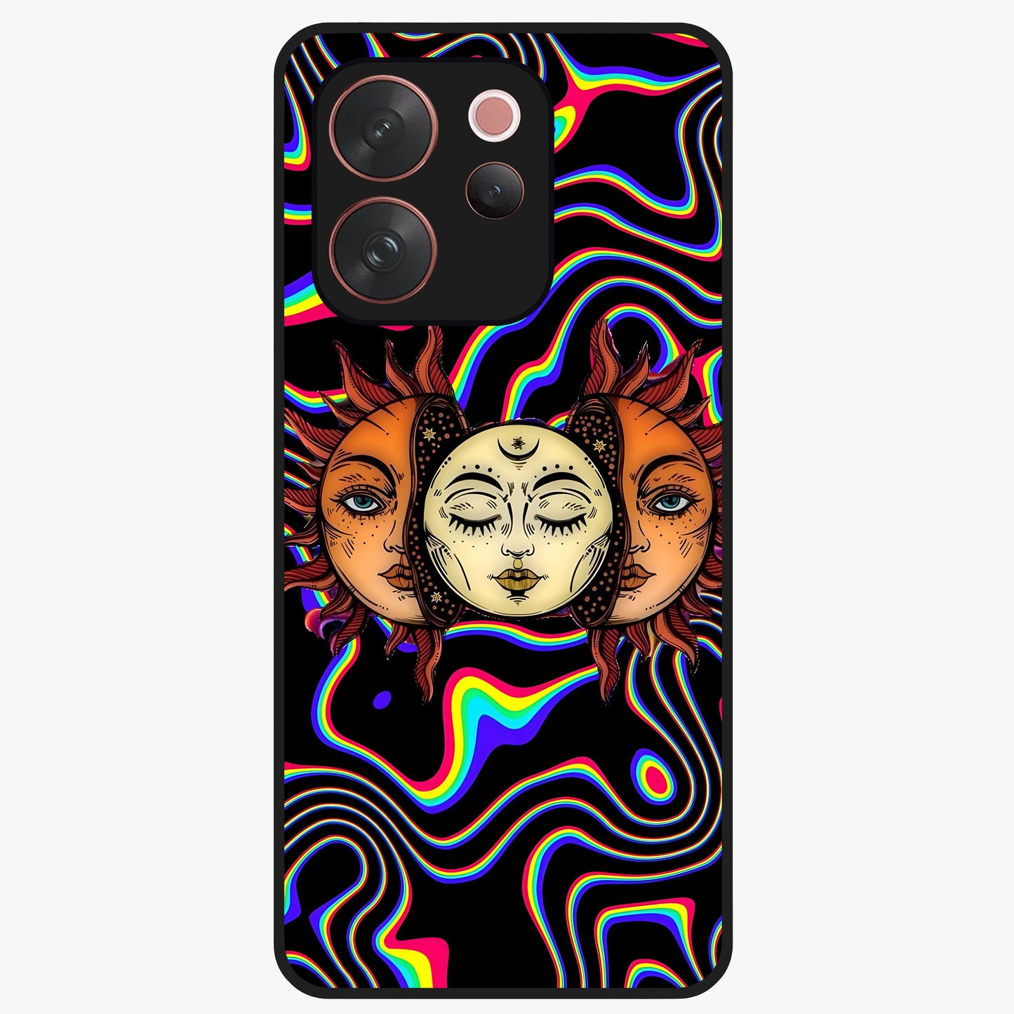 Psychedelic Sun Glass Case showing flat back view with colorful psychedelic sun artwork and glossy glass finish.