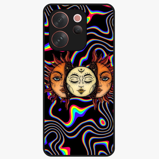 Psychedelic Sun Glass Case showing flat back view with colorful psychedelic sun artwork and glossy glass finish.