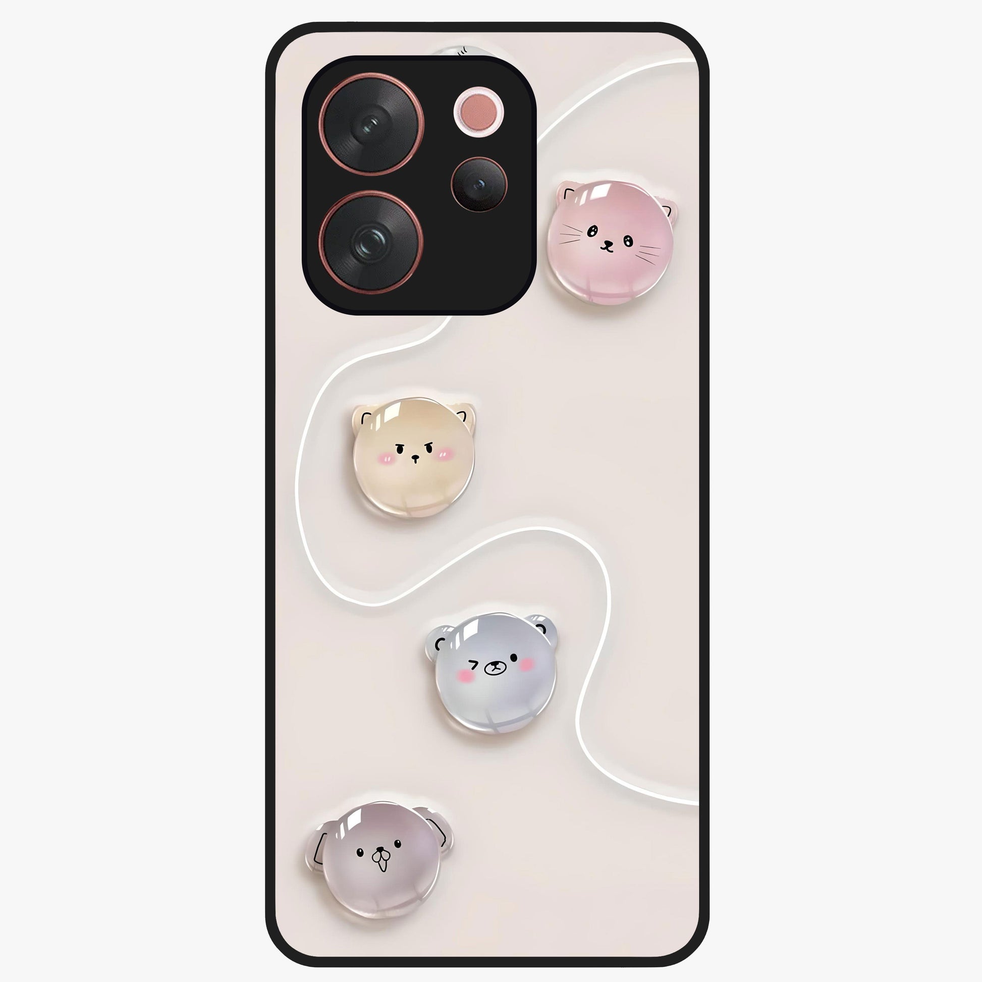 Puffy Face Parade Glass Case showing flat back view with cute puffy character faces artwork and glossy glass finish.