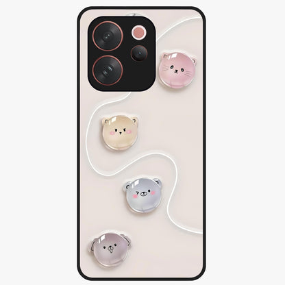 Puffy Face Parade Glass Case showing flat back view with cute puffy character faces artwork and glossy glass finish.