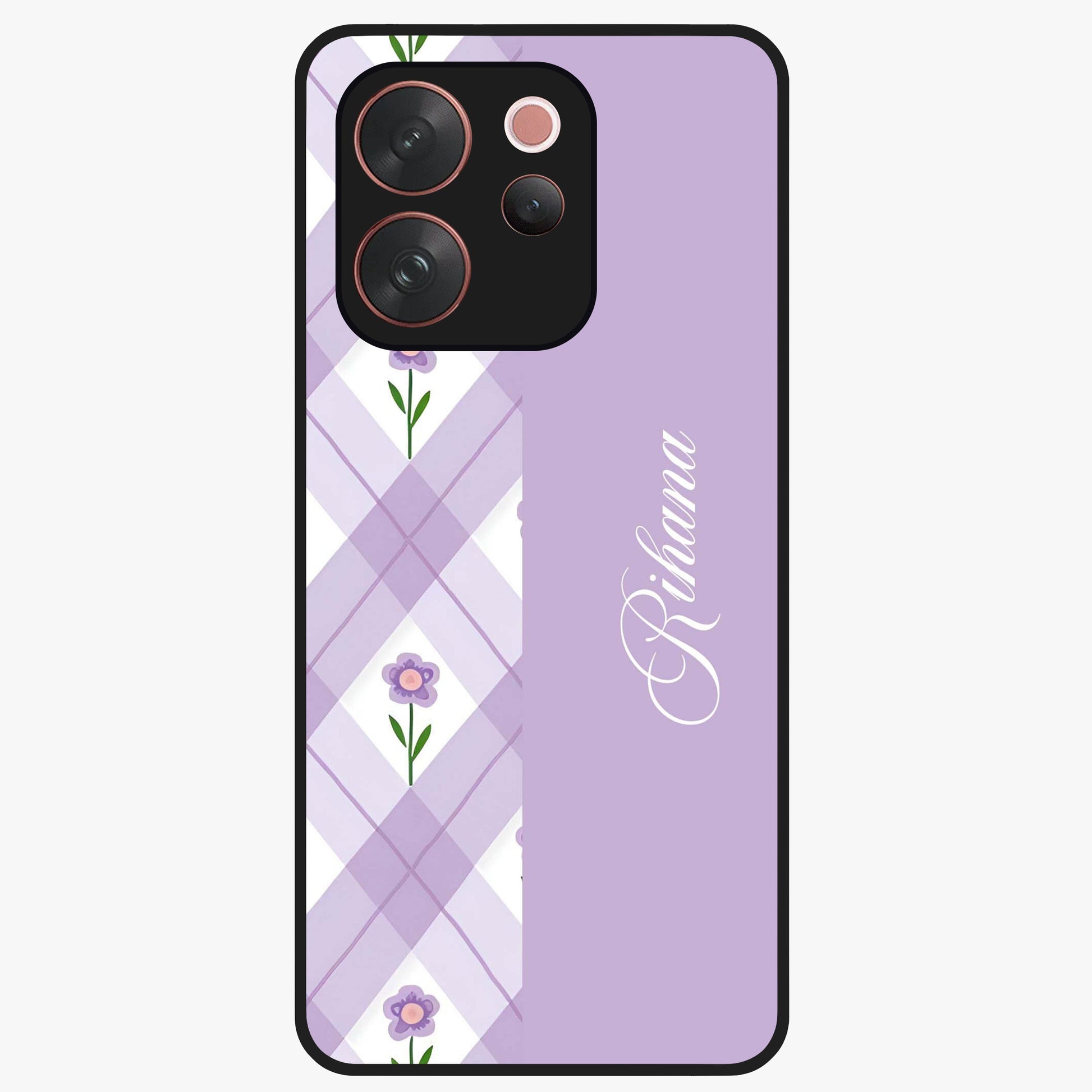 Purple Diamond Floral Glass Case showing flat back view with diamond shaped floral artwork and glossy glass finish.