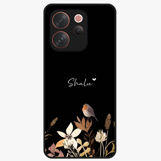 Quiet Garden Tune Custom Name Glass Case showing flat back view with peaceful garden artwork and personalized name design.