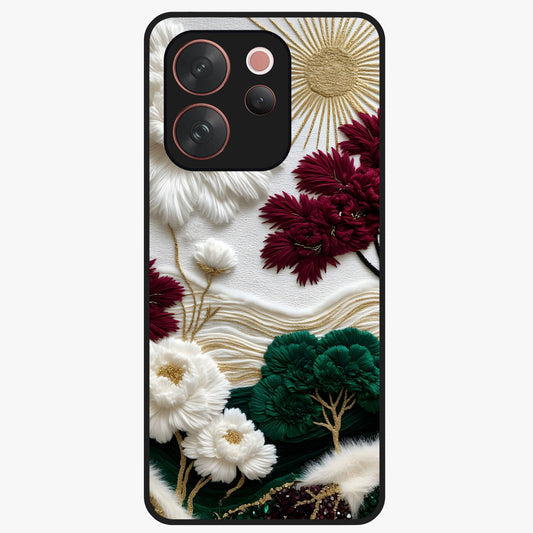 Radiant Bloom Elegance Glass Case showing flat back view with elegant blooming flower artwork and glossy glass finish.
