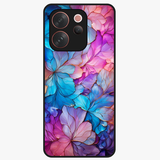 Radiant Floral Whirl Glass Case showing flat back view with swirling floral artwork and glossy glass finish.