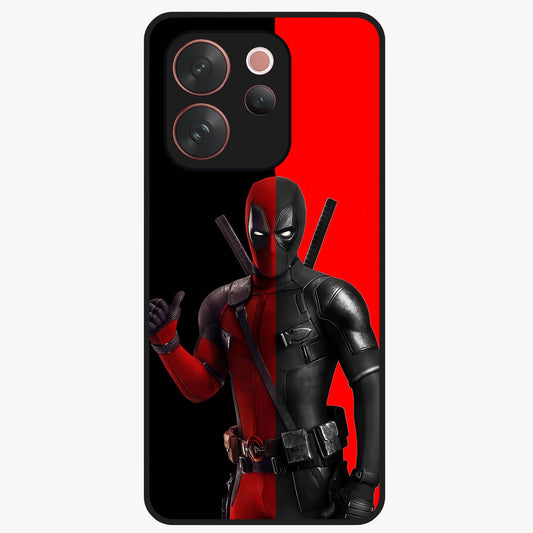 Red & Black Deadpool Theme Glass Case showing flat back view with bold comic inspired artwork and glossy glass finish.