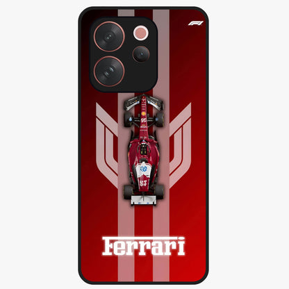 Red Ferrari F1 Vertical Glass Case showing flat back view with sleek Formula racing car artwork and glossy glass finish.