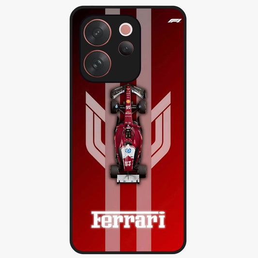 Red Ferrari F1 Vertical Glass Case showing flat back view with sleek Formula racing car artwork and glossy glass finish.