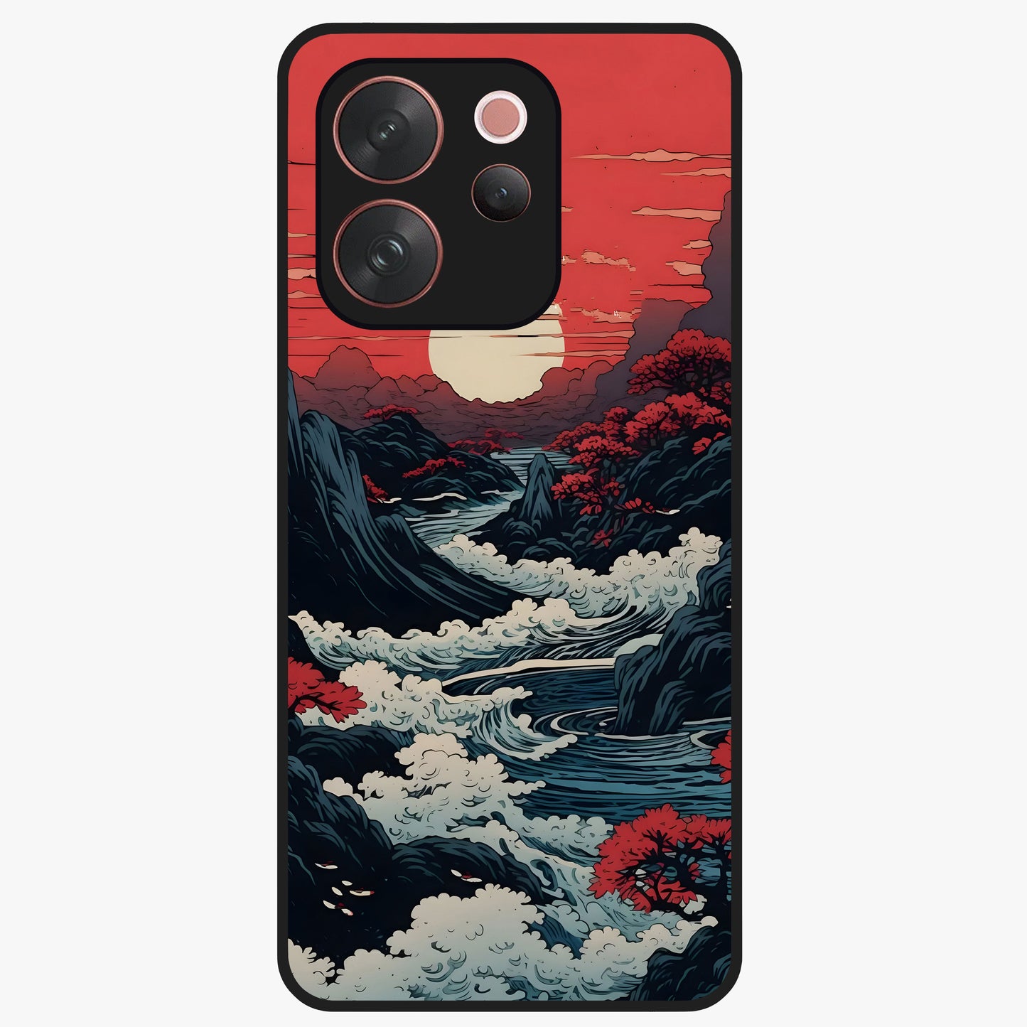 Red Sunset Scenery Glass Case showing flat back view with vibrant sunset landscape artwork and glossy glass finish.