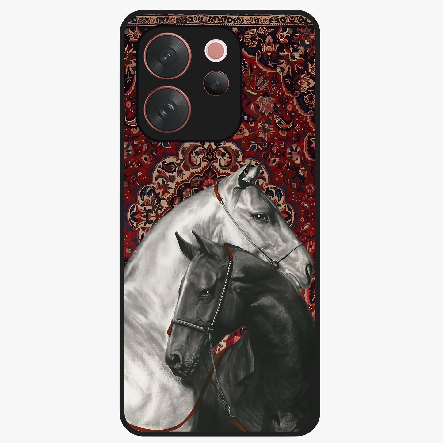 Regal Stallion Tapestry Glass Case showing flat back view with majestic horse tapestry artwork and glossy glass finish.