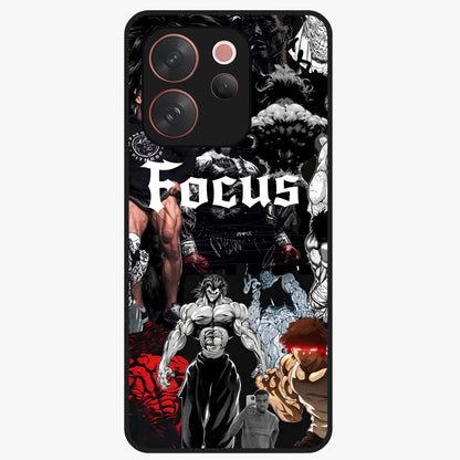 Relentless Power Focus Glass Case showing flat back view with motivational typography artwork and glossy glass finish.