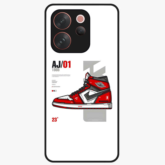 Retro Sneaker Blueprint Glass Case showing flat back view with sneaker blueprint style artwork and glossy glass finish.