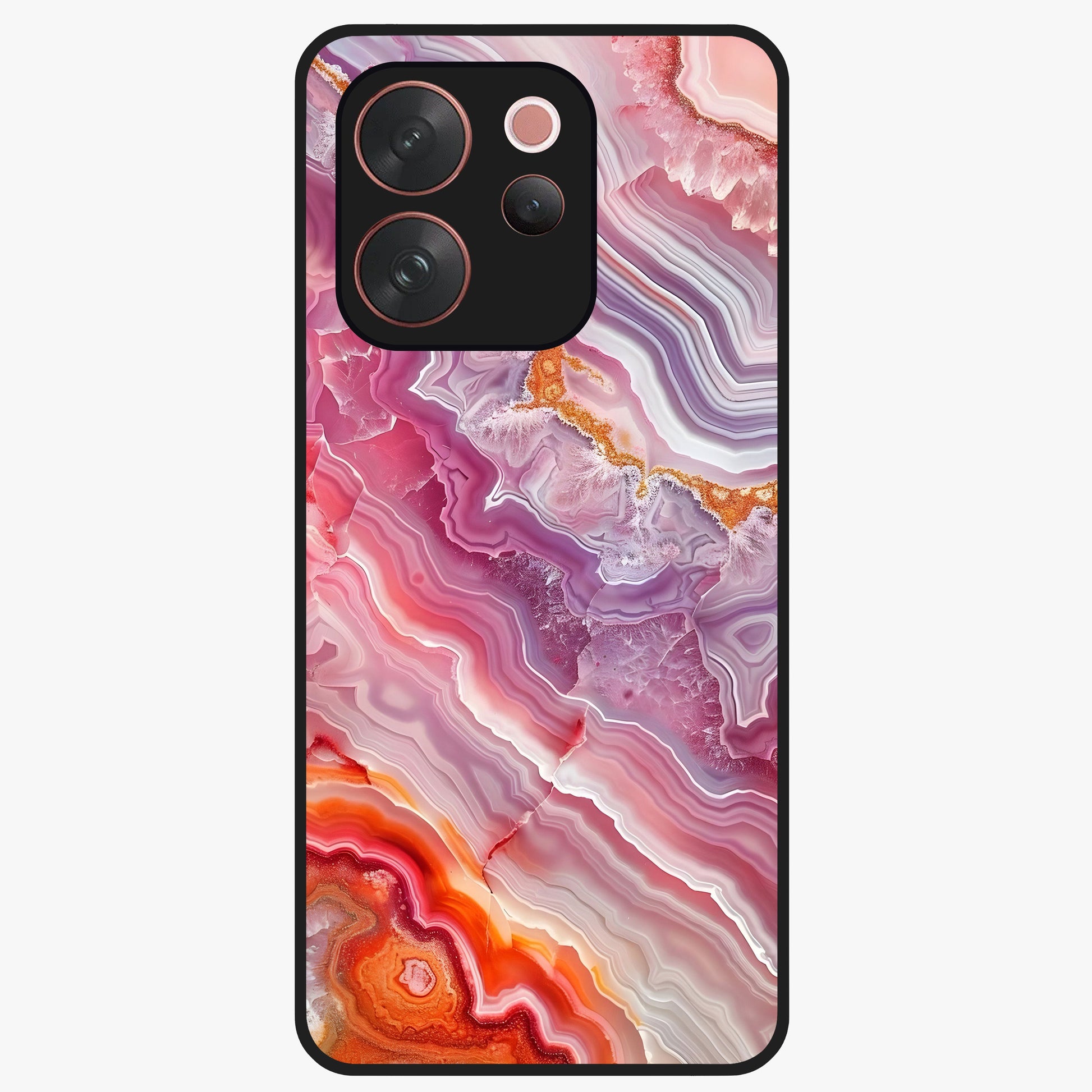 Rose Quartz Marble Glass Case showing flat back view with pink marble quartz texture artwork and glossy glass finish.