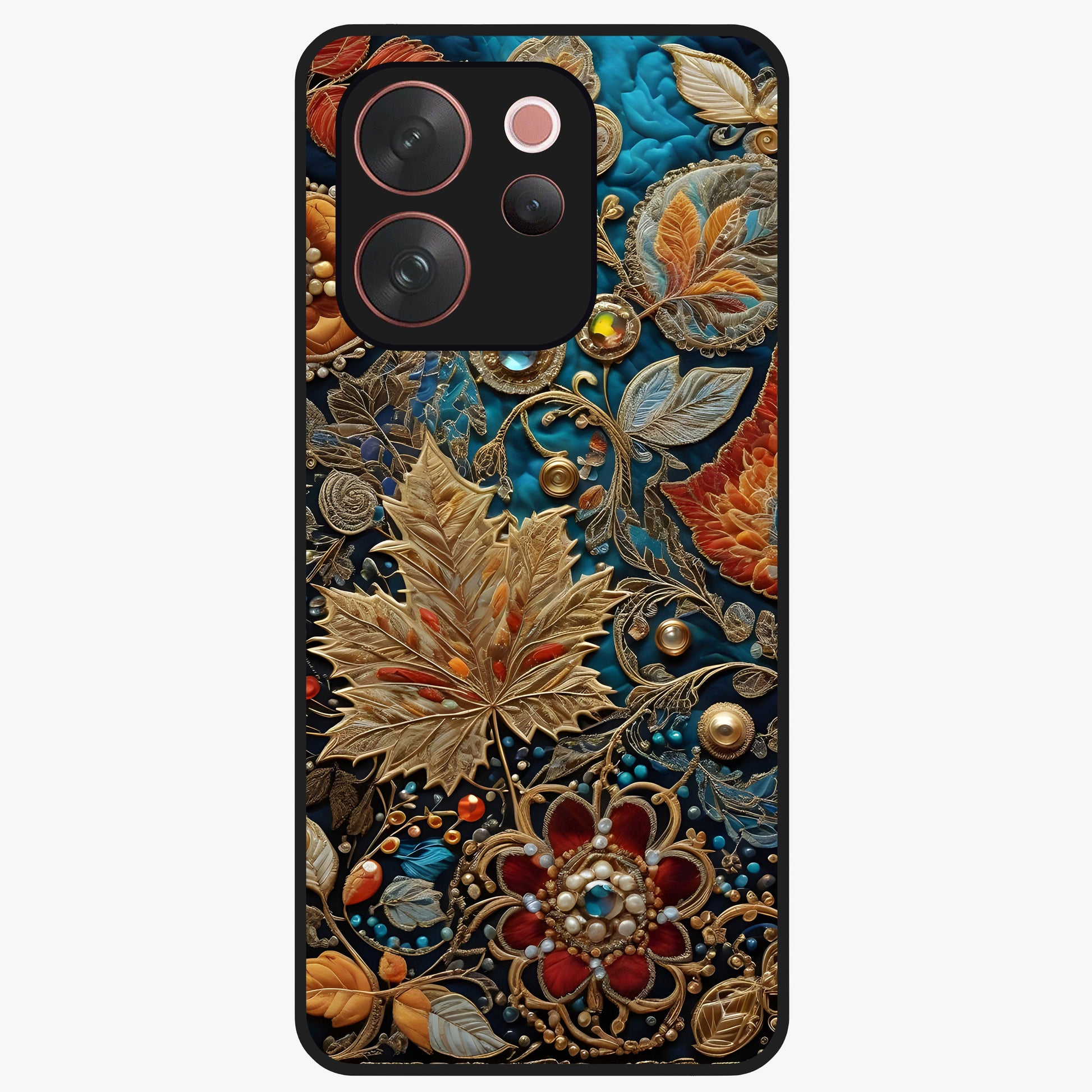 Royal Jewel Garden Glass Case showing flat back view with decorative floral garden artwork and glossy glass finish.