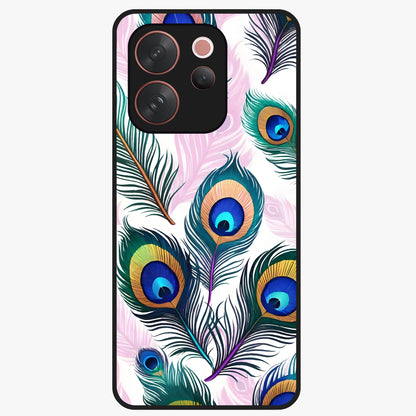 Royal Peacock Feathers Glass Case showing flat back view with colorful peacock feather artwork and glossy glass finish.