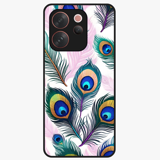 Royal Peacock Feathers Glass Case showing flat back view with colorful peacock feather artwork and glossy glass finish.