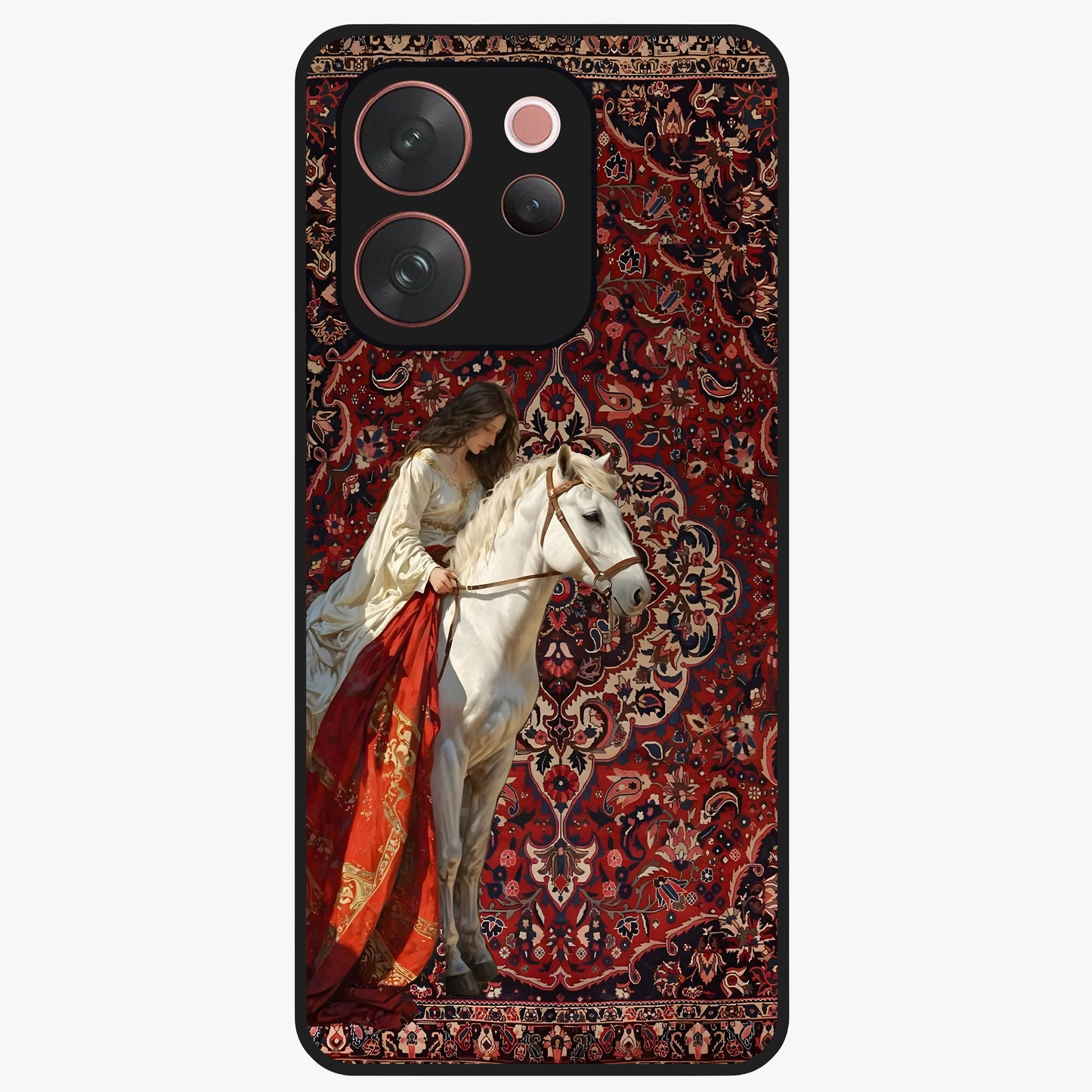 Royal Rider Tapestry Glass Case showing flat back view with majestic horse rider tapestry artwork and glossy glass finish.