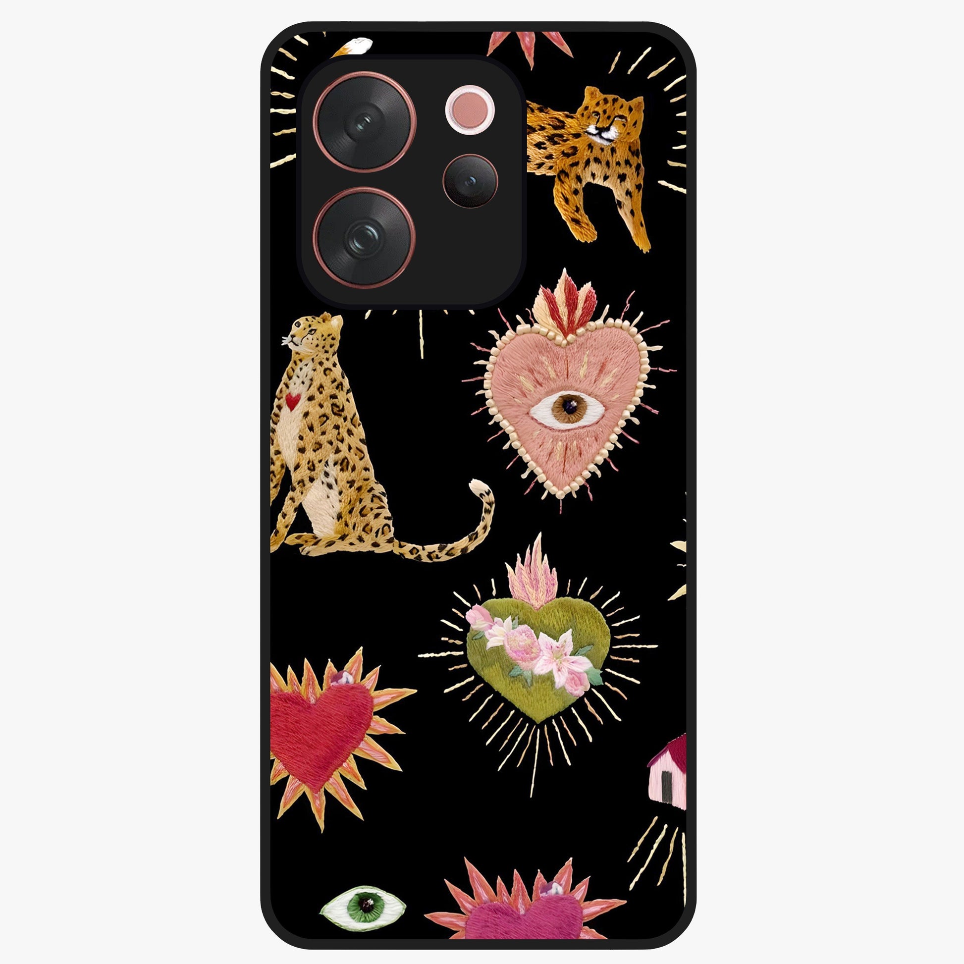 Sacred Jungle Heart Glass Case showing flat back view with jungle inspired heart artwork and glossy glass finish.