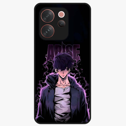 Shadow Monarch Awakening Glass Case showing flat back view with powerful dark monarch themed artwork and glossy glass finish.