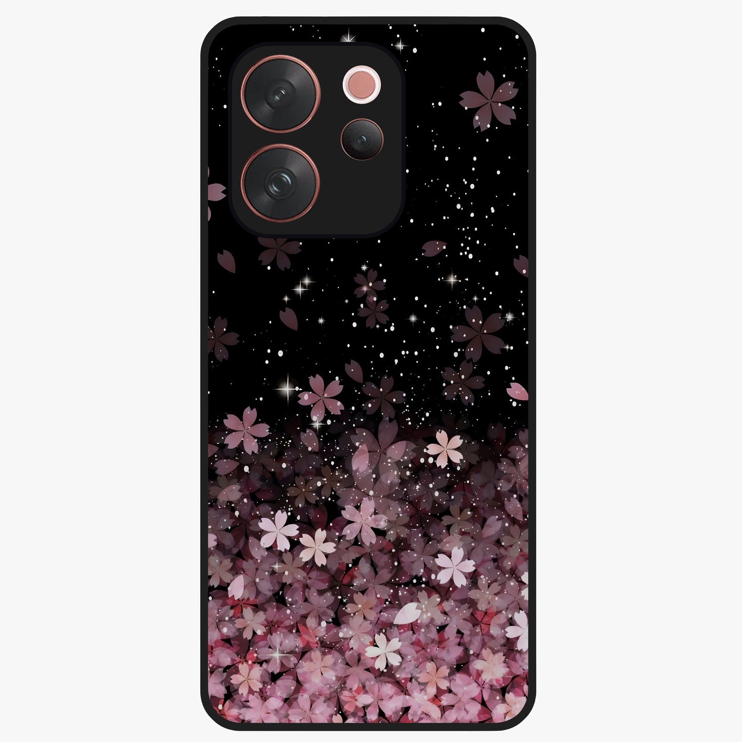 Small Starry Flowers Glass Case showing flat back view with delicate starry floral artwork and glossy glass finish.