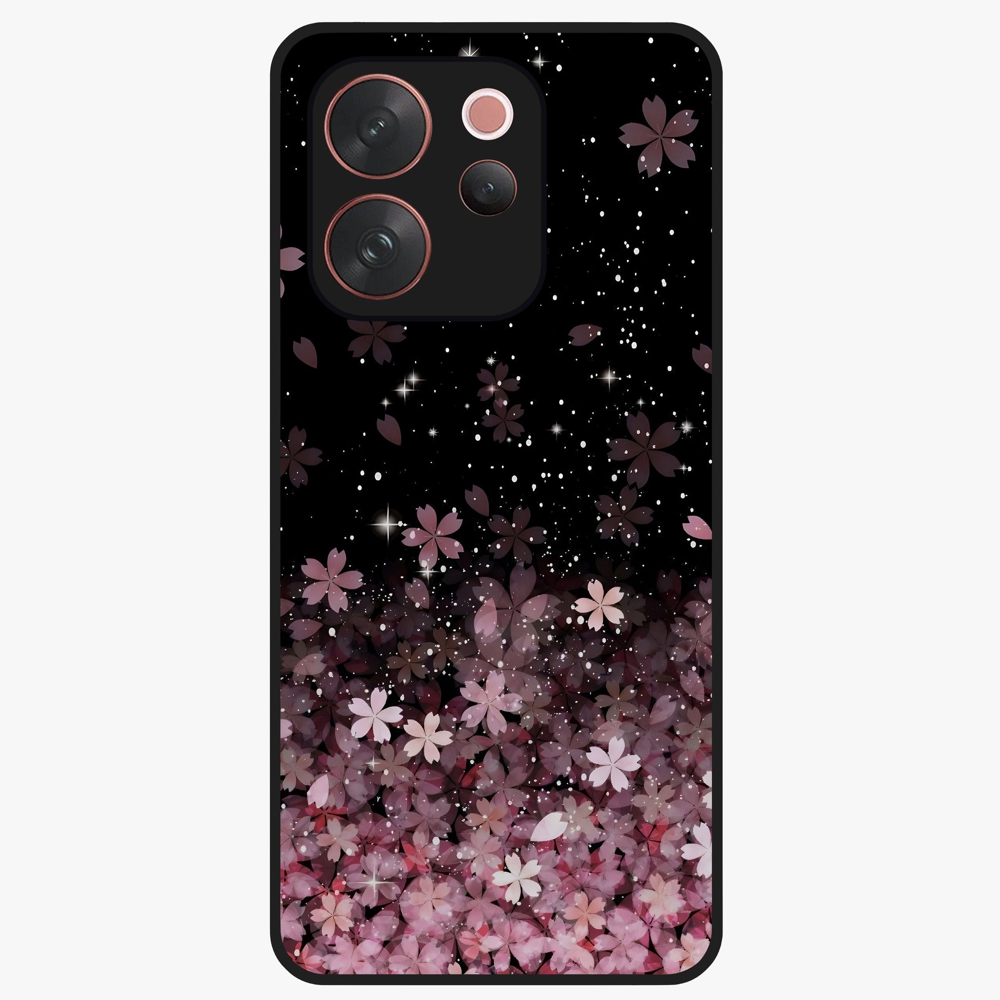 Small Starry Flowers Glass Case showing flat back view with delicate starry floral artwork and glossy glass finish.