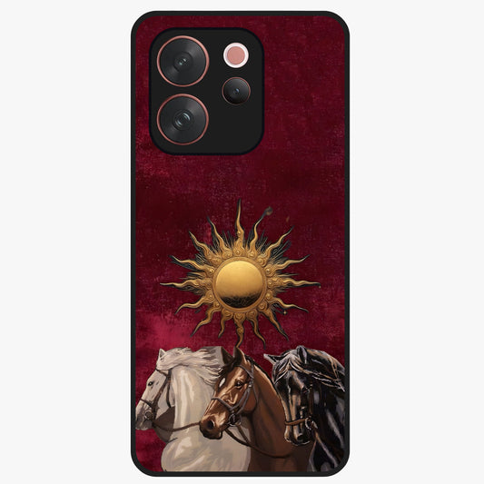 Solar Riders Glass Case showing flat back view with dynamic rider themed artwork and glossy glass finish.