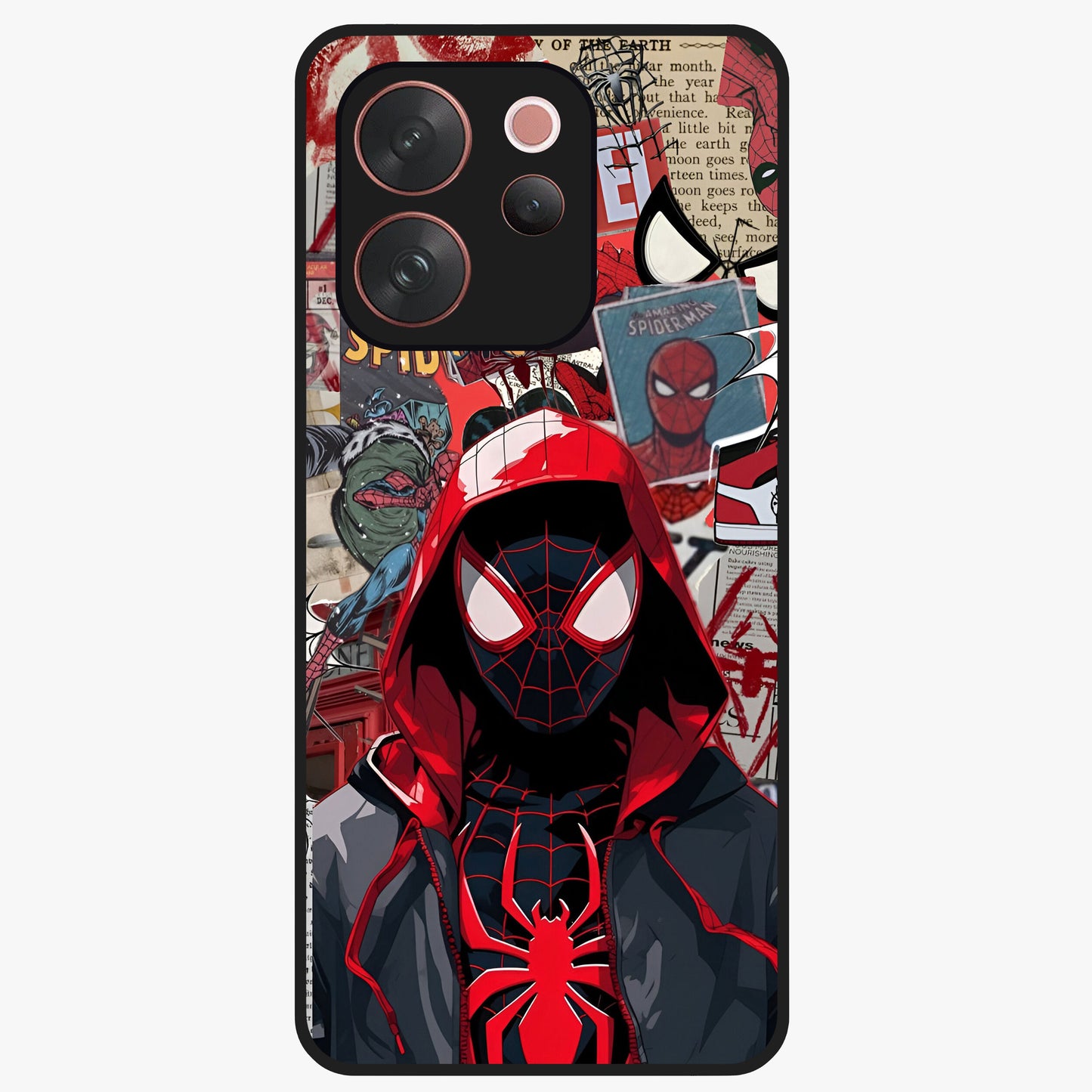 Spider Collage Street Glass Case showing flat back view with vibrant superhero collage artwork and glossy glass finish.