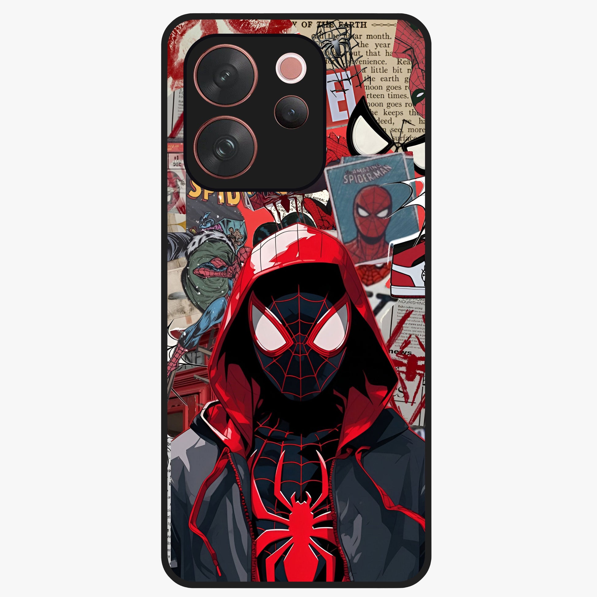 Spider Collage Street Glass Case showing flat back view with vibrant superhero collage artwork and glossy glass finish.