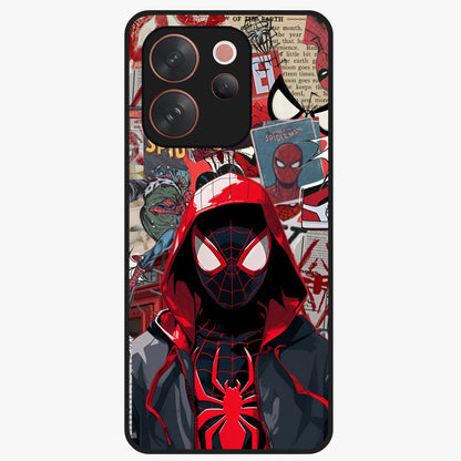 Spider Collage Street Glass Case showing flat back view with vibrant superhero collage artwork and glossy glass finish.