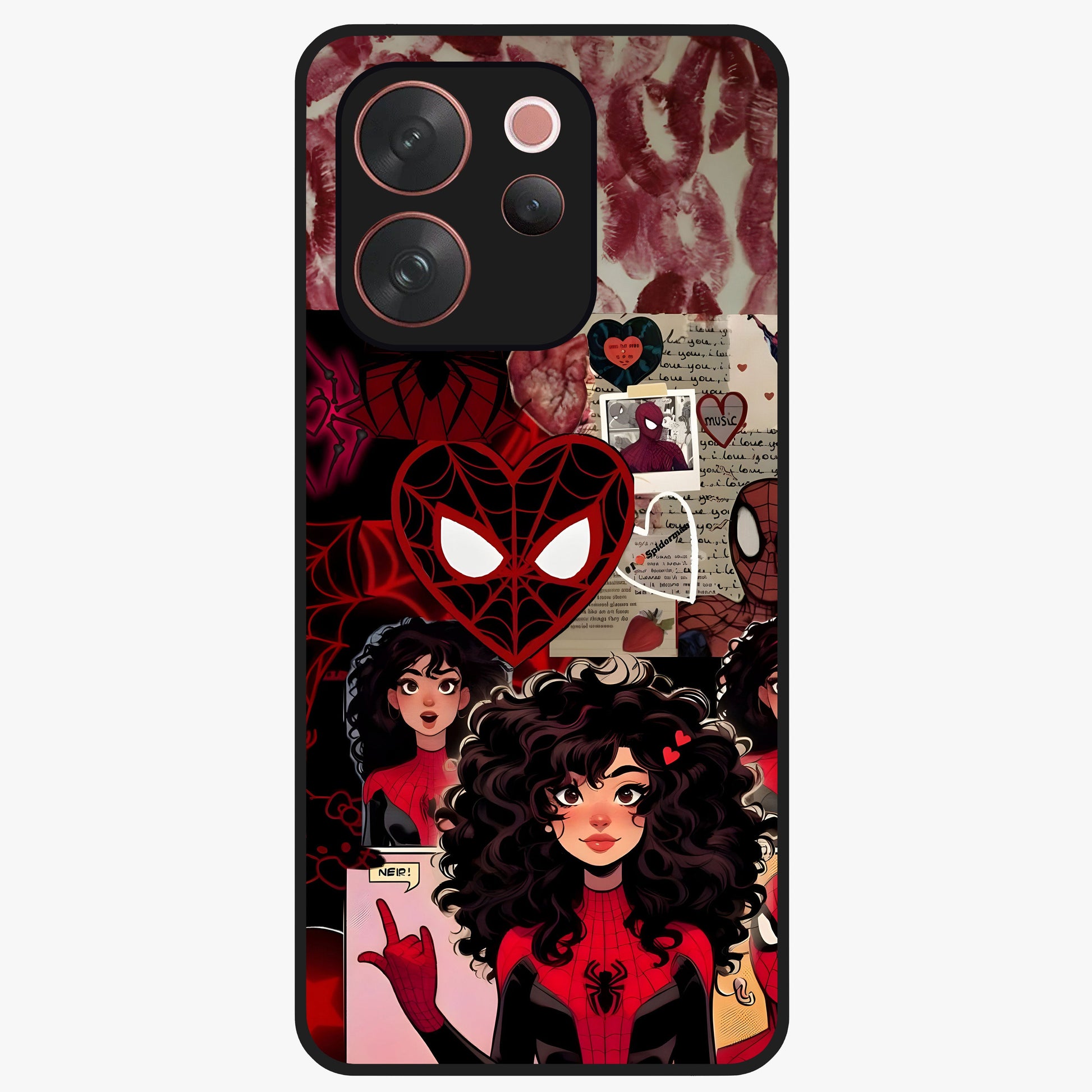Spider Love Story Glass Case showing flat back view with romantic superhero themed artwork and glossy glass finish.