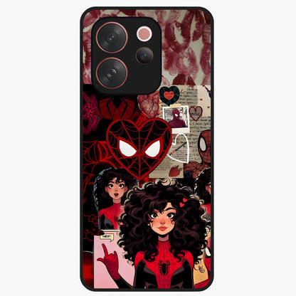 Spider Love Story Glass Case showing flat back view with romantic superhero themed artwork and glossy glass finish.