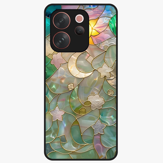Stained Sunrise Glow Glass Case showing flat back view with glowing sunrise stained pattern artwork and glossy glass finish.