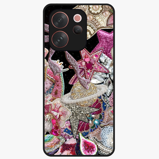 Starlit Jewel Dream Glass Case showing flat back view with sparkling jewel and star themed artwork and glossy glass finish.