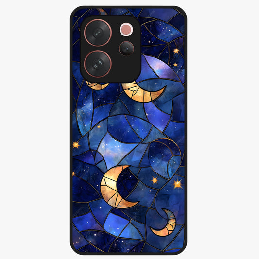 Starlit Sky Tapestry Glass Case showing flat back view with decorative starry sky tapestry artwork and glossy glass finish.