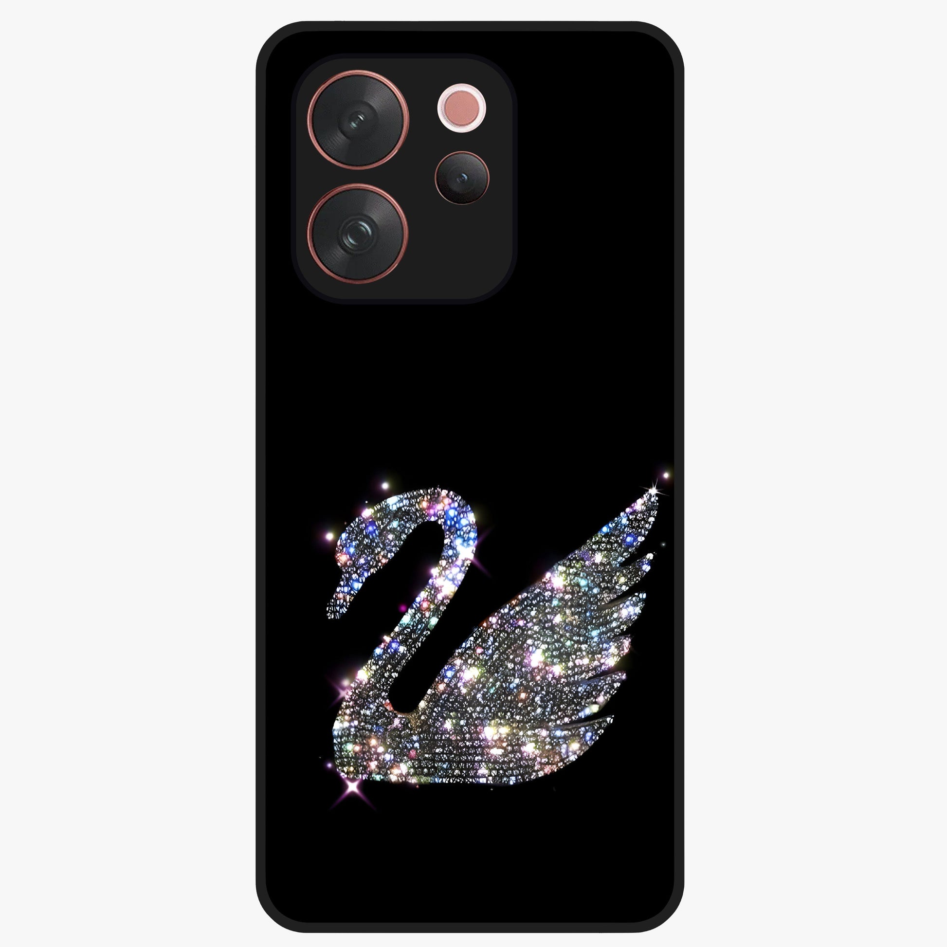 Starlit Swan Grace Glass Case showing flat back view with graceful swan artwork under starry sky and glossy glass finish.