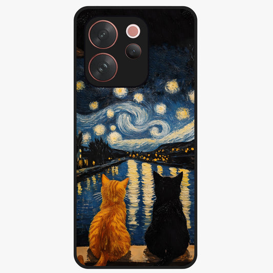 Starry River Cats Glass Case showing flat back view with cats by a starry river artwork and glossy glass finish.