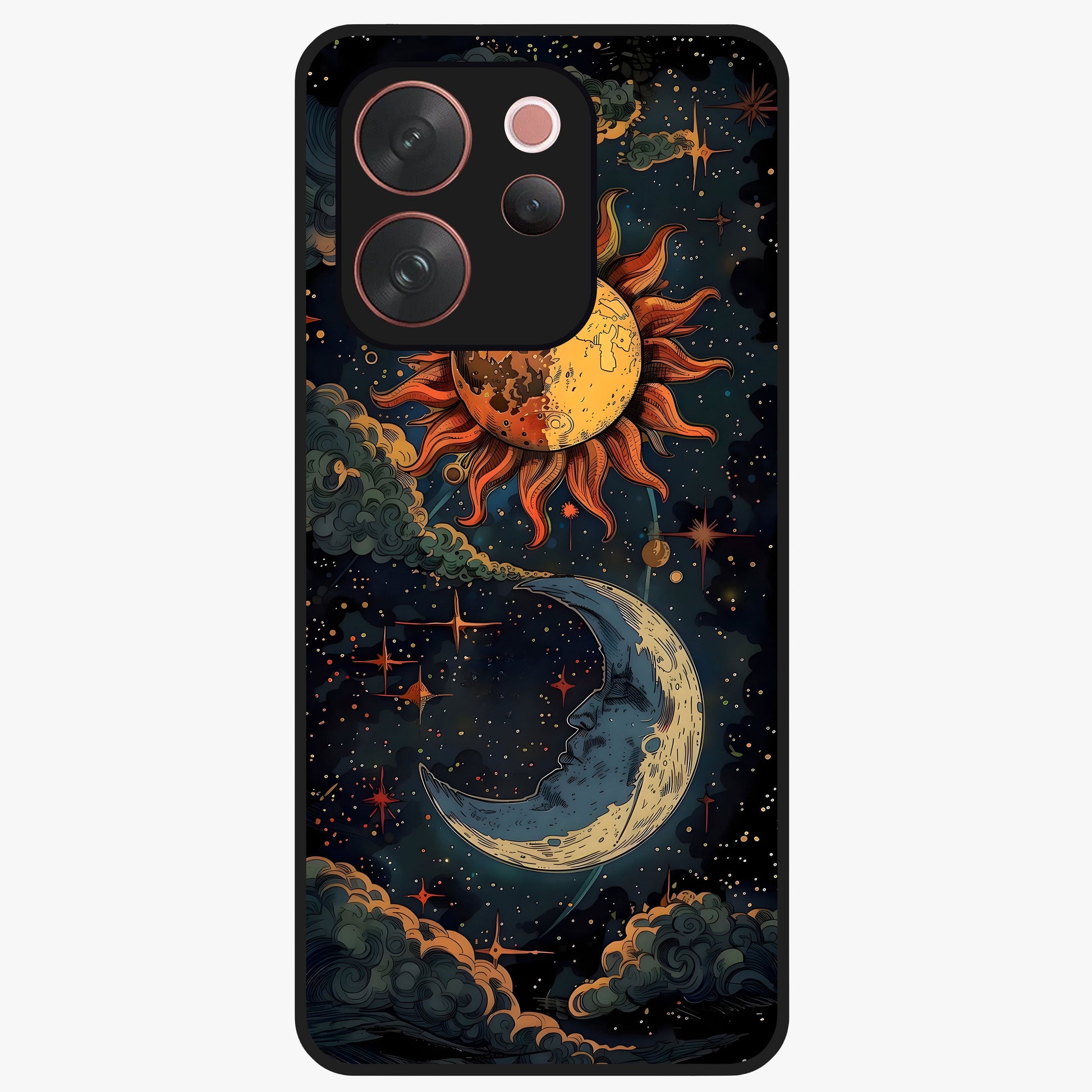 Sun And Moon Magic Design Glass Case showing flat back view with mystical sun and moon artwork and glossy glass finish.